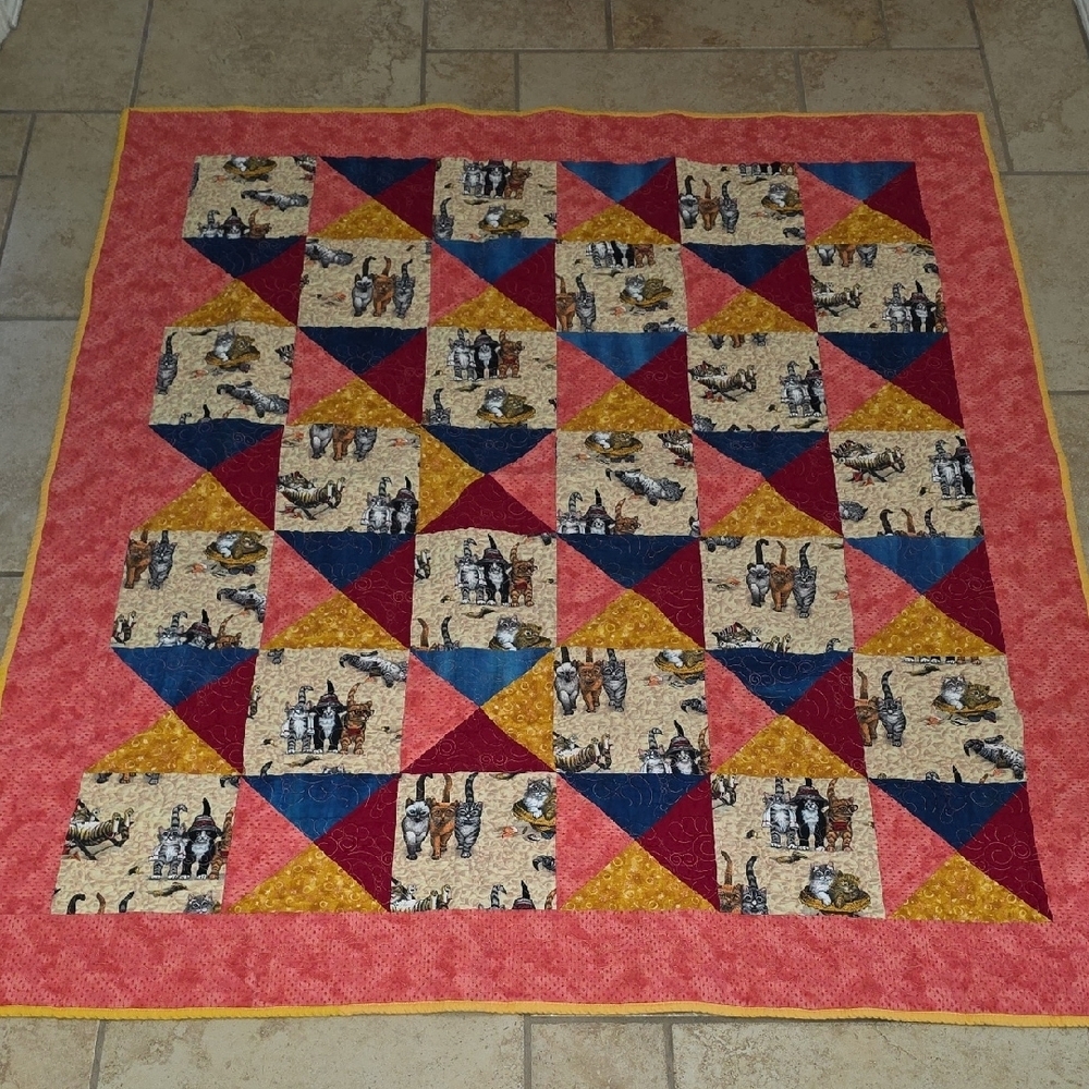 Handmade Cats At The Beach Quilt Blanket 54 X 60 Decorative Quilting Cat Lover​​ - Picture 2 of 10